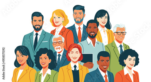 Diverse group of professionals in business attire smiling together