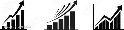 Set of three black and white growth chart icons with upward arrows depicting business success financial increase and positive economic trends