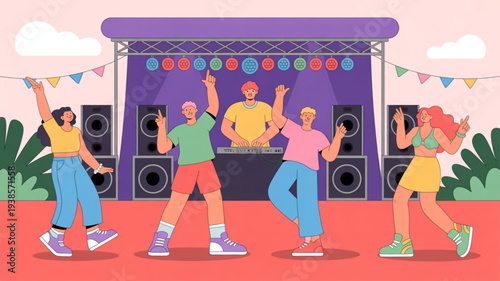 People dancing at an outdoor music festival with a dj on stage colorful decorations and a lively atmosphere