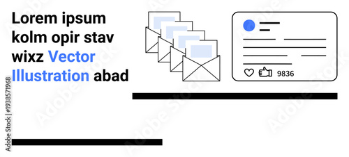 Email marketing, online communication, social media, digital strategy, notifications, customer engagement. Envelopes and social media content card with thumbs ups icon. Email marketing and online