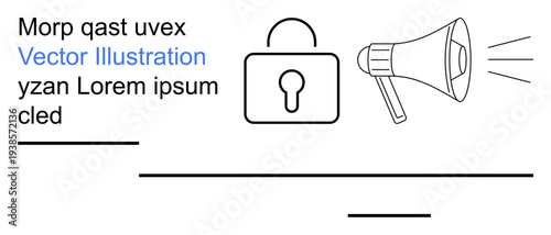 Privacy protection, data security, communication, confidentiality, information sharing, online safety. Outline of a lock and a megaphone with sound waves. Privacy and communication concept