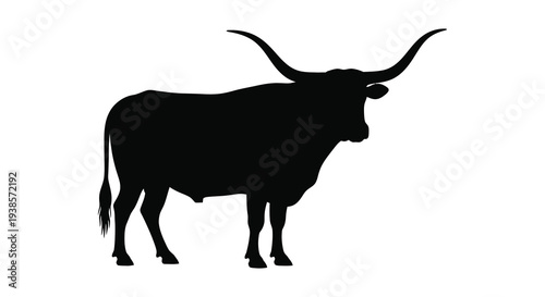 A striking black silhouette of a large african buffalo stands prominently against a clean white background silhouette high quality
