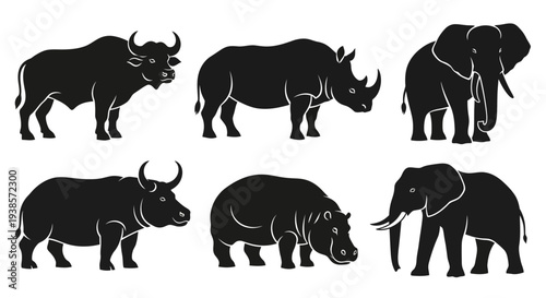 African Wildlife Silhouettes Set: Elephant, Rhinoceros, Buffalo Vector Icons