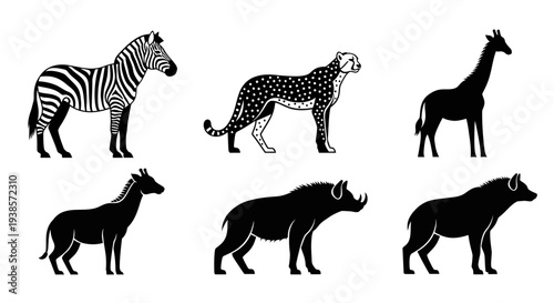 African Wildlife Silhouettes Set: Zebra, Cheetah, Giraffe, Warthog, Hyena, and Equine Icons