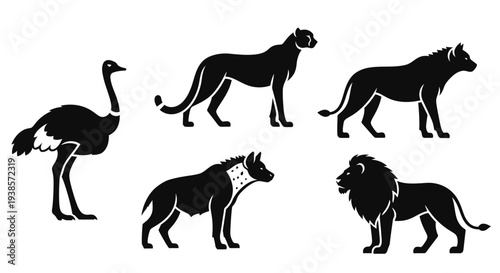 African Wildlife Silhouettes Set: Ostrich, Cheetah, Hyena, Lioness, and Lion