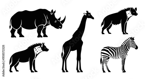 African wildlife silhouettes set, safari animals vector collection
