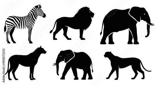 African Wildlife Silhouettes Set: Zebra, Lion, Elephant, and Big Cat