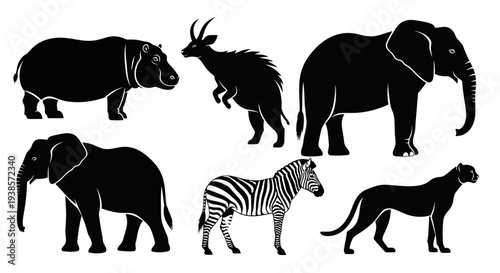 African Wildlife Silhouettes Vector Set: Elephant, Zebra, Hippo, Antelope, Cheetah