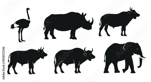 African Wildlife Silhouettes Vector Set: Ostrich, Rhino, Buffalo, Elephant Icons