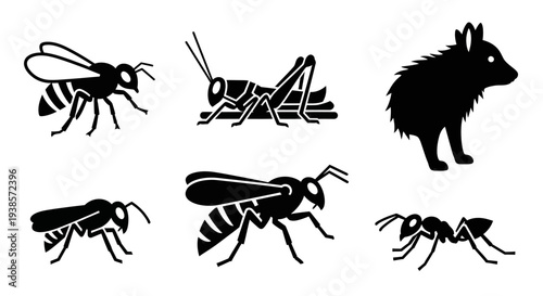 Animal and Insect Silhouettes Set Including Bee, Grasshopper, Ant, Wasp, and Small Mammal