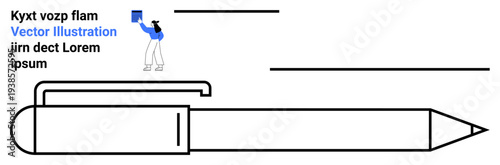 Office supplies, writing tools, stationery design, conceptual artwork, study , education concepts. Black outline of a pen and a figure with a blue document. Office supplies and writing tools