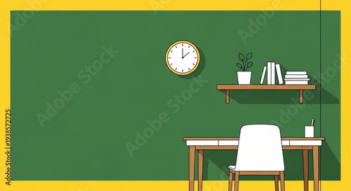 Classroom desk with chair and shelf with books.