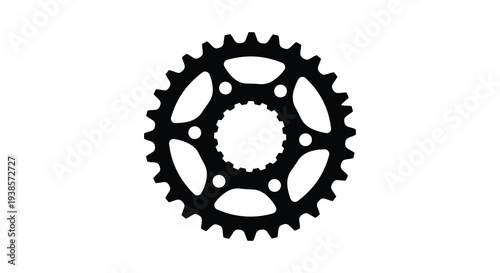 A stark black silhouette of a bicycle chainring detailed with numerous teeth and a central hub silhouette high quality