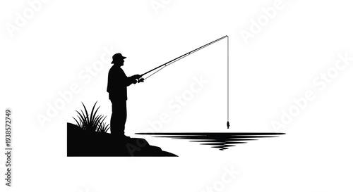 A solitary fisherman stands poised with a fishing rod near a calm body of water a striking silhouette