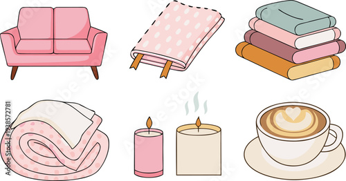 A collection of cozy lifestyle icons in a hand-drawn, flat vector style