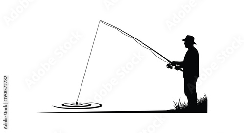 A solitary fisherman casts a line into calm waters creating ripples depicted as a striking silhouette high quality professional