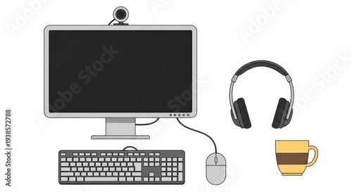 Computer monitor with webcam keyboard mouse headphones and mug illustration
