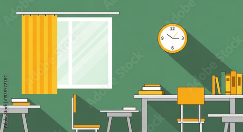 Classroom interior with desks chairs and books.