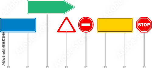 Road Traffic Signs Vector Set with Stop, No Entry, Warning, Direction and Blank Boards