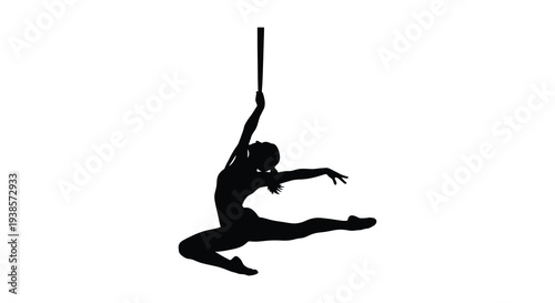 A dynamic image depicts a female aerialist gracefully suspended from a rope showcasing strength and flexibility silhouette high quality professional