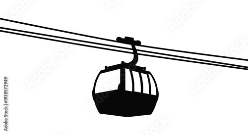 A stark black silhouette of a cable car suspended against a bright white background evoking minimalism high quality professional