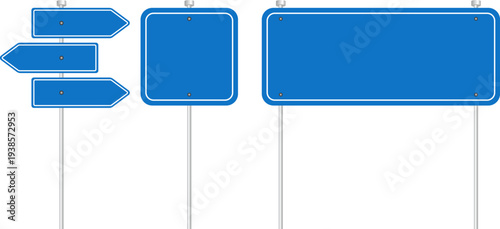 Blue Road Sign Set Vector with Arrow Directions and Blank Boards on Poles