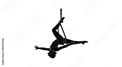 A dynamic black silhouette depicts a female aerialist performing a complex pose on a vertical pole silhouette high quality