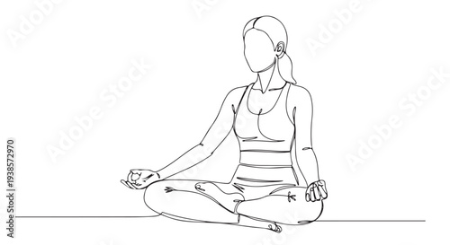 Serene Woman Meditating in Lotus Position, Practicing Yoga for Mindfulness and Inner Peace, Line Art Vector Illustration for Wellness and Relaxation Concepts