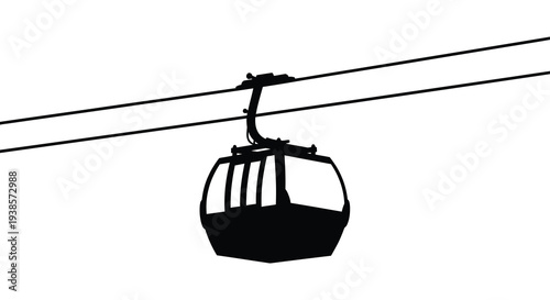 A stark black cable car hangs suspended from thin wires against a bright neutral background silhouette high quality professional
