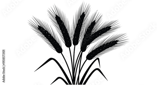 A striking black and white illustration showcases several wheat stalks with detailed feathery textures presented as a silhouette