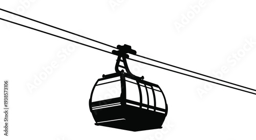 A striking black silhouette of a cable car suspended by wires against a clean white background silhouette high quality