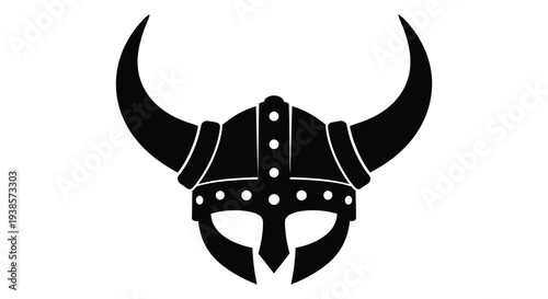 A striking black silhouette of a viking helmet with ornate horns and facial guard detail silhouette high quality professional