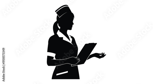 A striking black silhouette depicts a female nurse attentively reviewing paperwork showcasing dedication and healthcare professionalism silhouette high quality