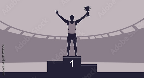Athlete Celebrating Victory on Podium with Trophy Silhouette of a Champion at Sports Stadium
