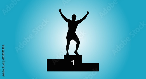 Silhouette of a triumphant athlete celebrating on the first place podium arms raised in victory against a vibrant blue gradient background