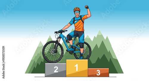 Joyful Mountain Biker on Podium Celebrating Victory with Raised Fist Extreme Sports Achievement Outdoor Adventure