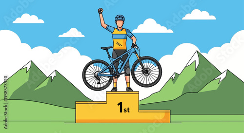 Mountain Biker Wins Championship Celebrates Victory on Podium with Bicycle