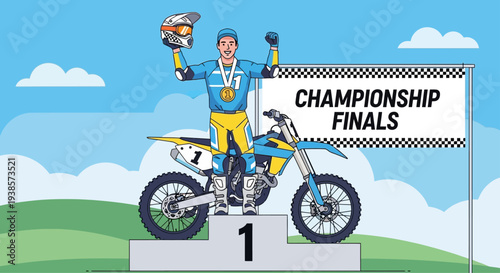 Motocross Champion Celebrates Victory on Podium with Motorcycle Winning Gold Medal at Championship Finals