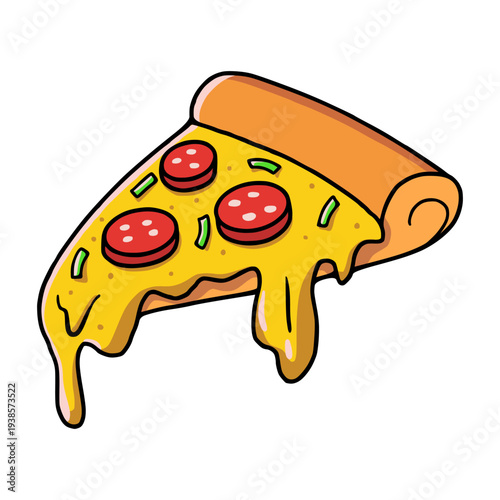 Pepperoni and cheese pizza slice with dripping cheese isolated cartoon vector illustration