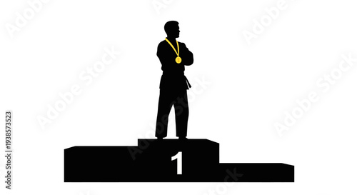 Silhouette of a Champion Athlete on the Top Podium Spot Wearing a Gold Medal Symbolizing Victory and Success in Sports
