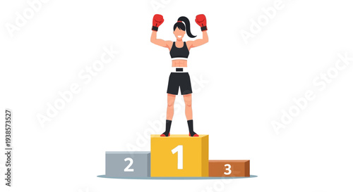 Female Boxer Celebrating Victory on Top of Podium Triumph Success Championship Win Achievement