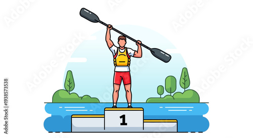 Kayak Champion Celebrating Victory on Podium with Paddle Overhead