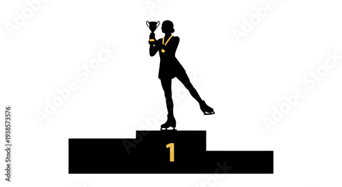 Figure Skating Champion Silhouette on Podium Holding Trophy and Medal