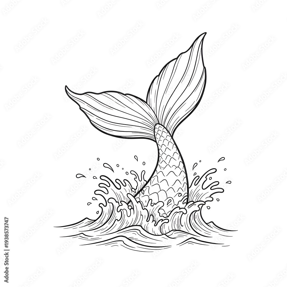 Fototapeta premium Black And White Mermaid Tail Emerging From Water Illustration