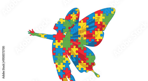 Colorful butterfly made from autism awareness puzzle pieces.