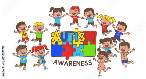 Children holding hands around Autism Awareness puzzle piece logo.