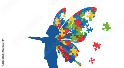 Silhouette of a child with butterfly wings made of autism awareness puzzle pieces.