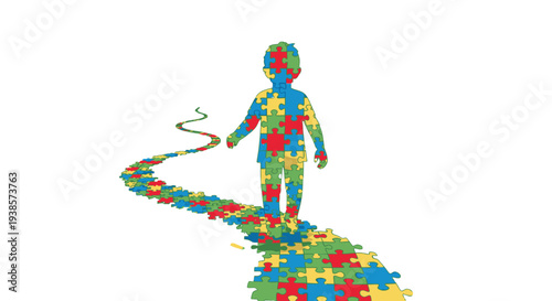 Colorful silhouette of a person walking away from a pile of puzzle pieces.