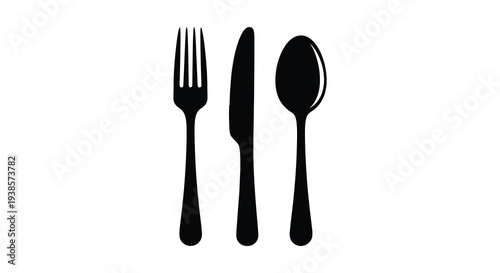 A minimalist arrangement displays a fork knife and spoon against a white background presented as a silhouette high quality