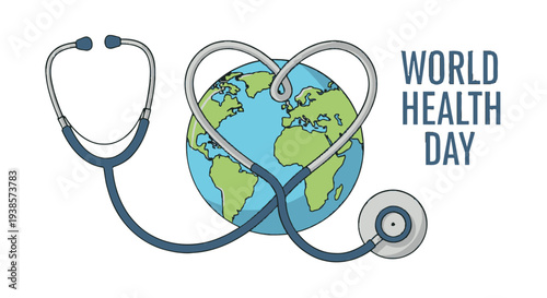 World Health Day illustration with stethoscope and globe.